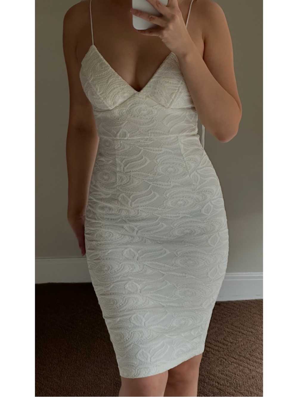 White Lace Midi Bodycon Dress with Spaghetti Straps